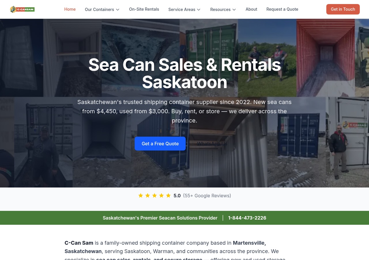The C-Can Sam homepage on a desktop browser: container photos, prices from $3,000, and a 5.0 star rating from 55+ Google reviews